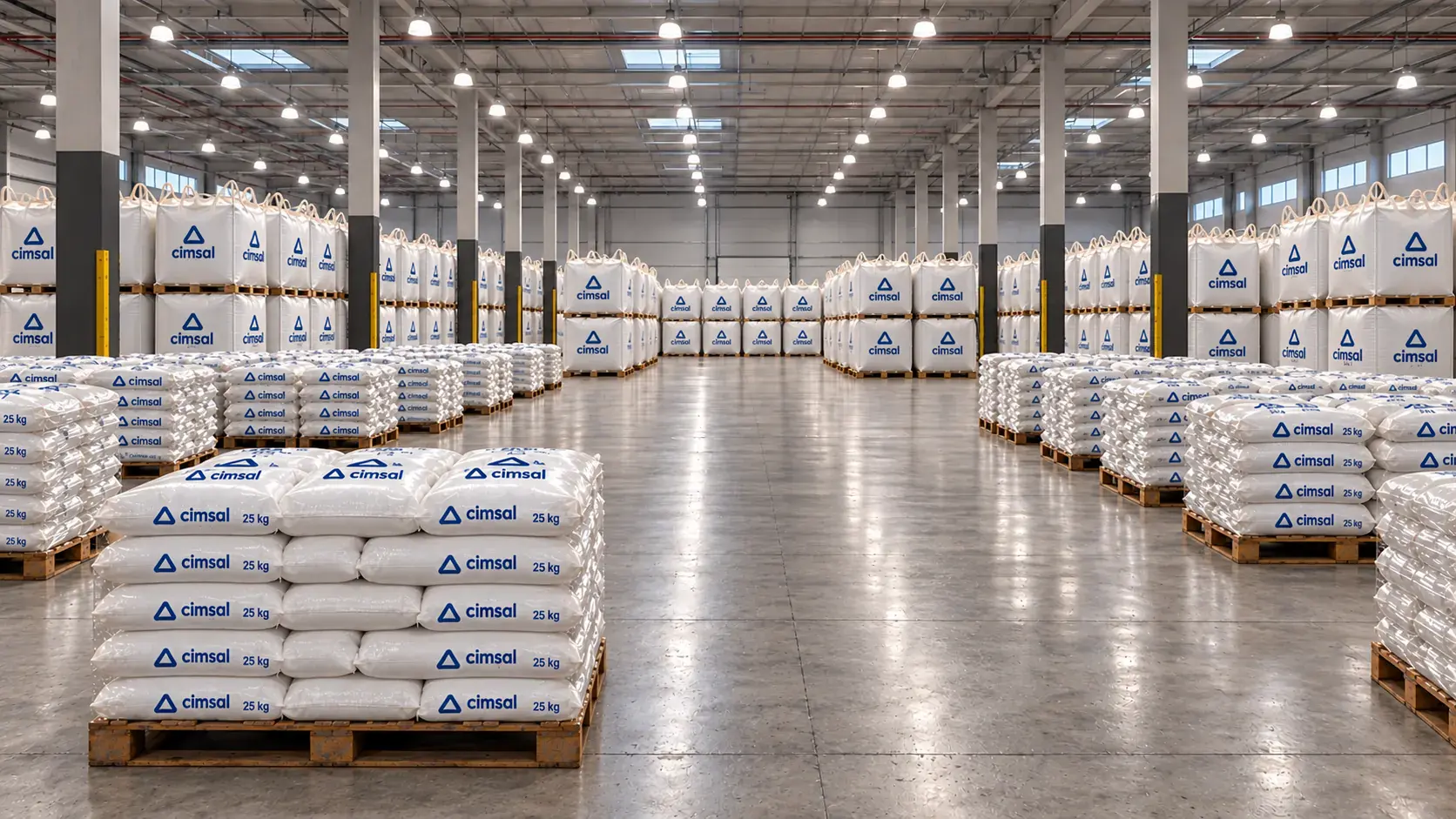 Simulação de galpão com big bags e sacos de sal sobre paletes